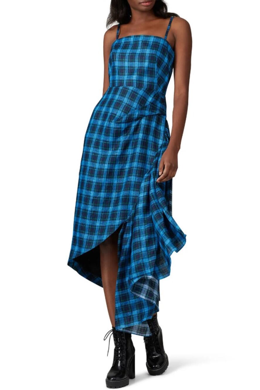 Osman Chantal Gingham Dress Sleeveless Asymmetric Hem Blue Black Womens Size 6